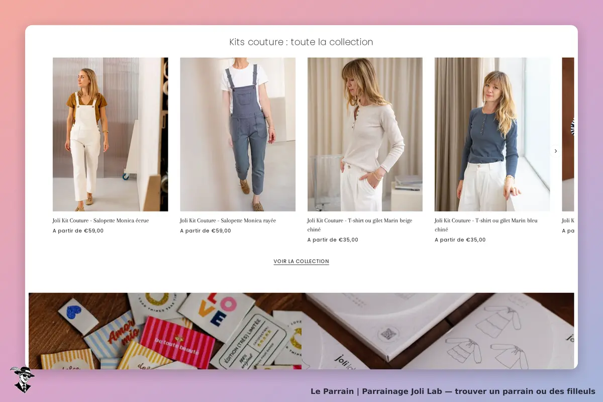 Joli Lab : page d'accueil présentant des kits de couture avec plusieurs vêtements affichés
