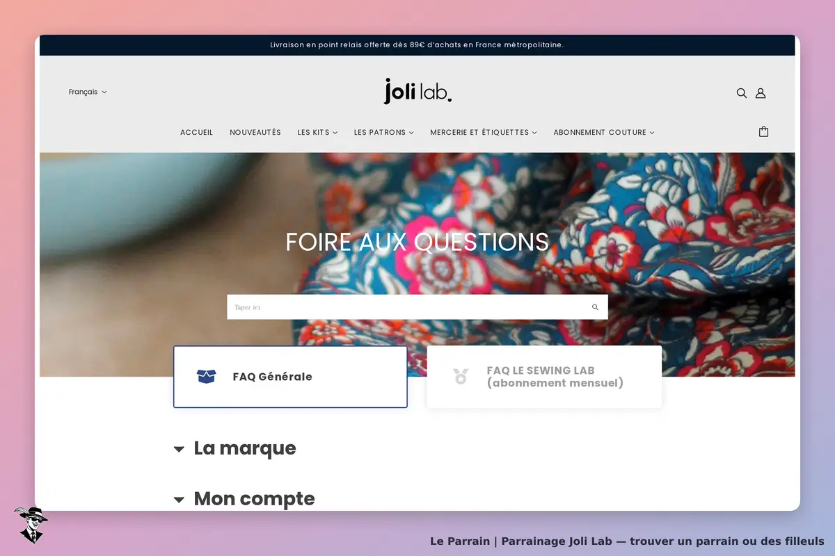 Joli Lab : page d'accueil avec menu et section FAQ, tissu coloré en arrière-plan