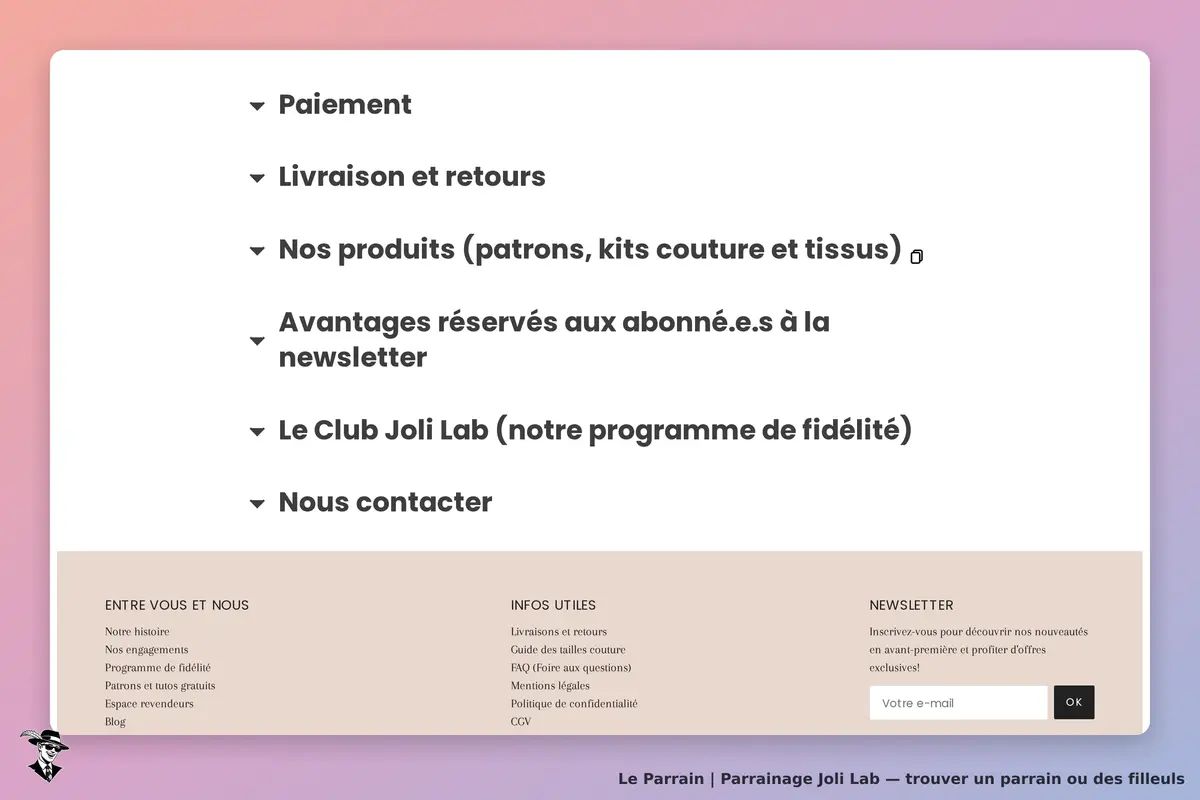 Joli Lab : section inférieure du site avec options de paiement, livraison et newsletter
