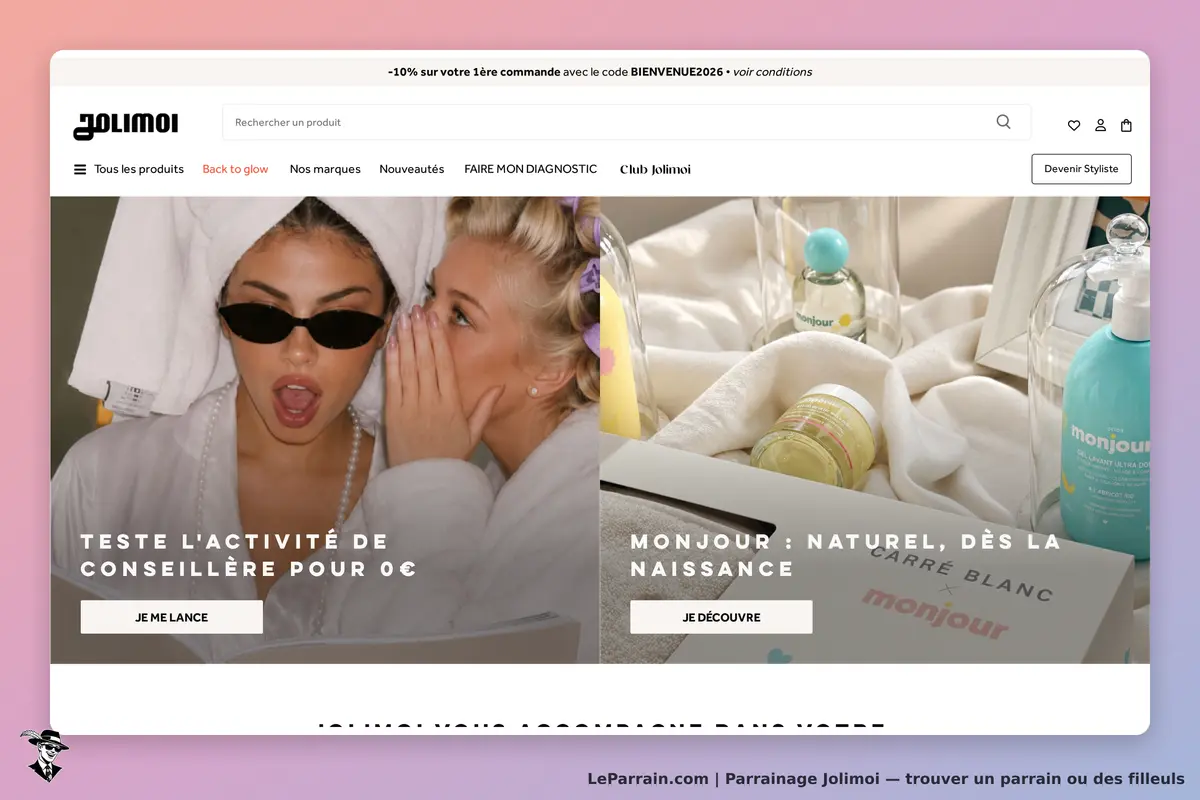 Jolimoi : page d'accueil avec deux sections, produits de beauté et conseillère