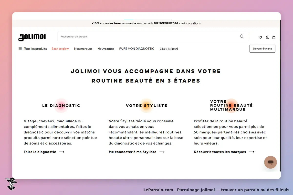 Jolimoi : page d'accueil présentant trois étapes pour une routine beauté personnalisée