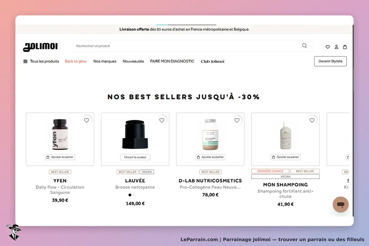 Jolimoi : page d'accueil avec des best sellers et des produits de beauté affichés