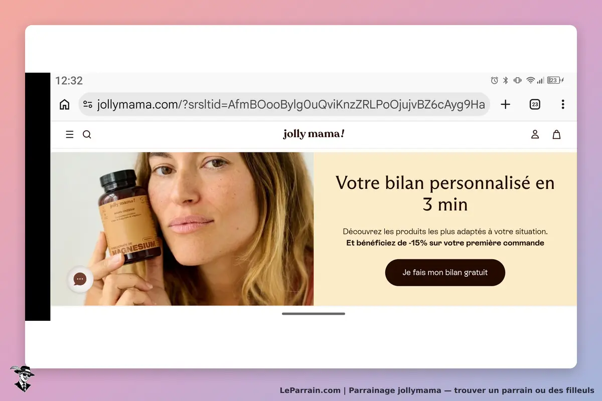 jollymama : jolly mama : une femme présente un flacon de magnésium sur la page d'accueil du site