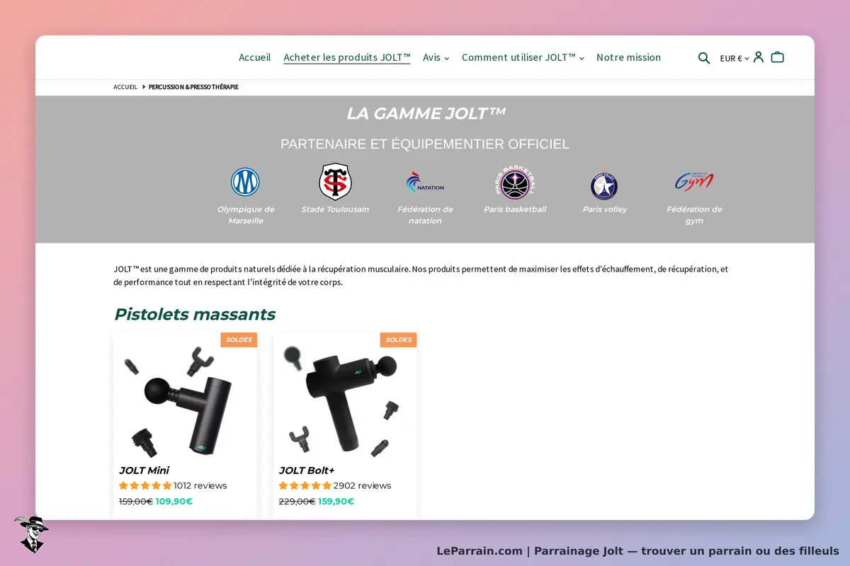 Gamme de produits JOLT pour la récupération musculaire, avec pistolettes massantes en soldes.