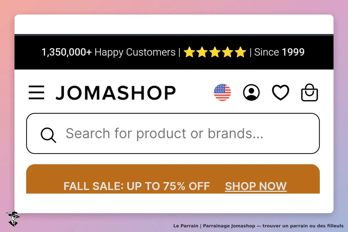 JOMASHOP : barre de recherche et promotion de vente d'automne sur la page d'accueil