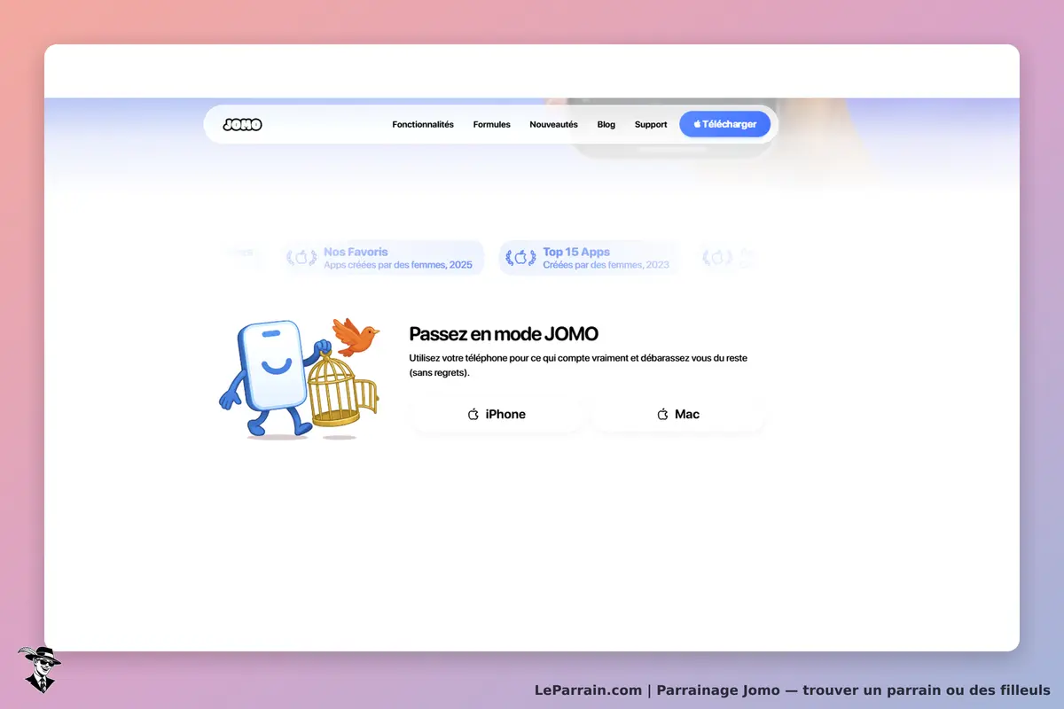 JOMO : page d'accueil avec un personnage et des options pour iPhone et Mac