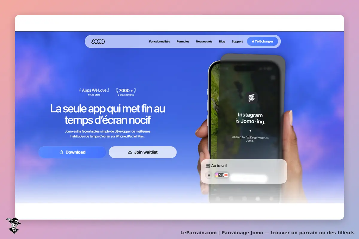 Jomo : page d'accueil présentant l'application et un smartphone affichant un message de blocage