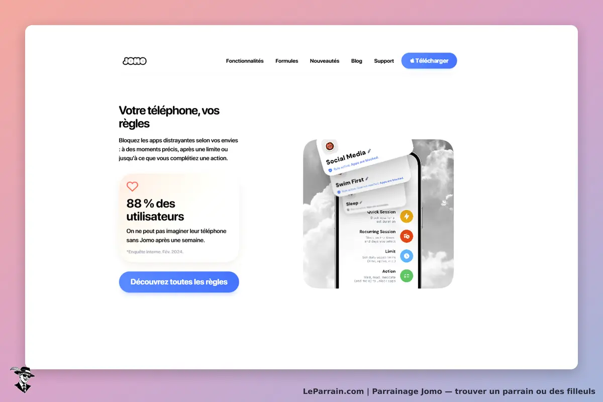 Jomo : page d'accueil avec présentation et fonctionnalités de l'application sur fond coloré