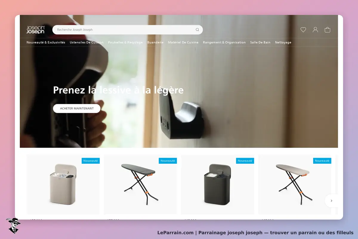 Joseph Joseph : page d'accueil avec un produit de buanderie et plusieurs articles affichés