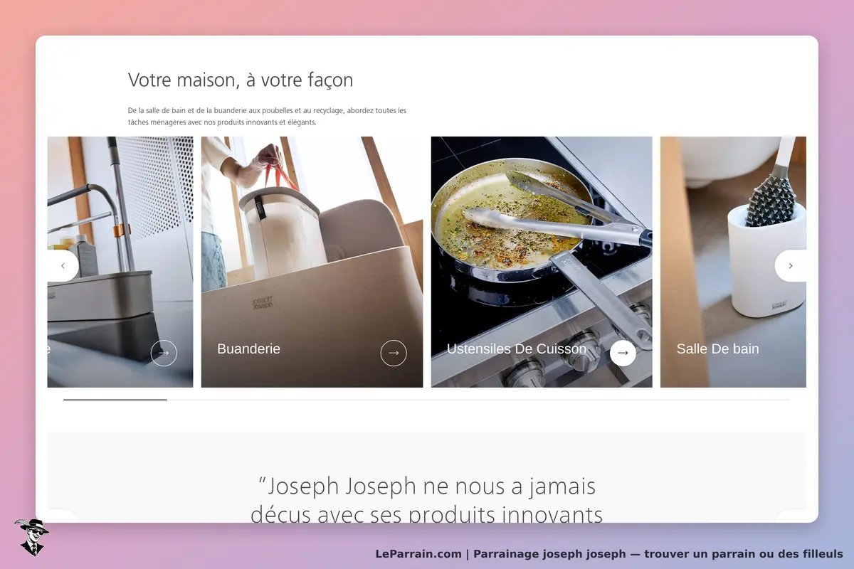 Joseph Joseph : présentation de produits pour la maison avec des sections sur divers espaces