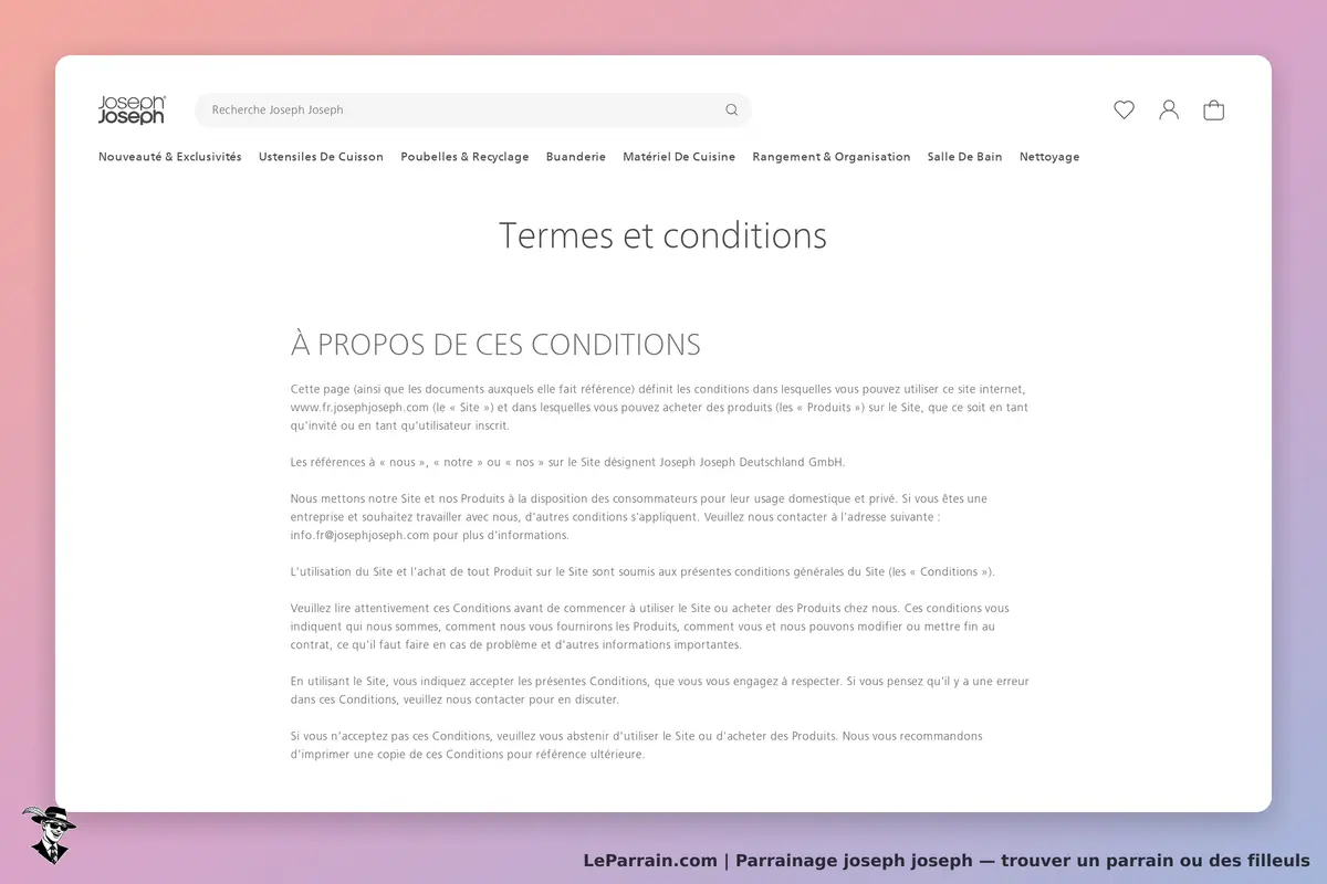 joseph joseph : page des termes et conditions avec texte explicatif sur l'utilisation du site