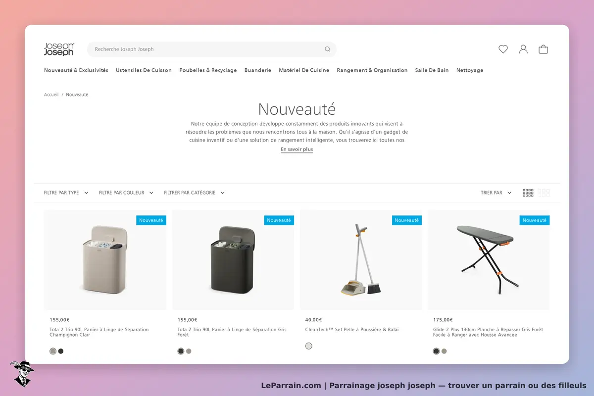 Joseph Joseph : page des nouveautés avec divers produits de rangement et d'entretien ménager