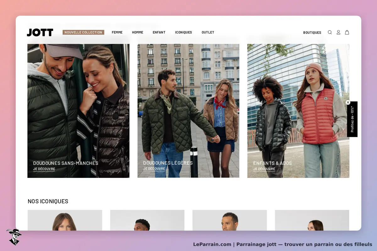JOTT : page d'accueil présentant des doudounes et modèles pour hommes, femmes et enfants