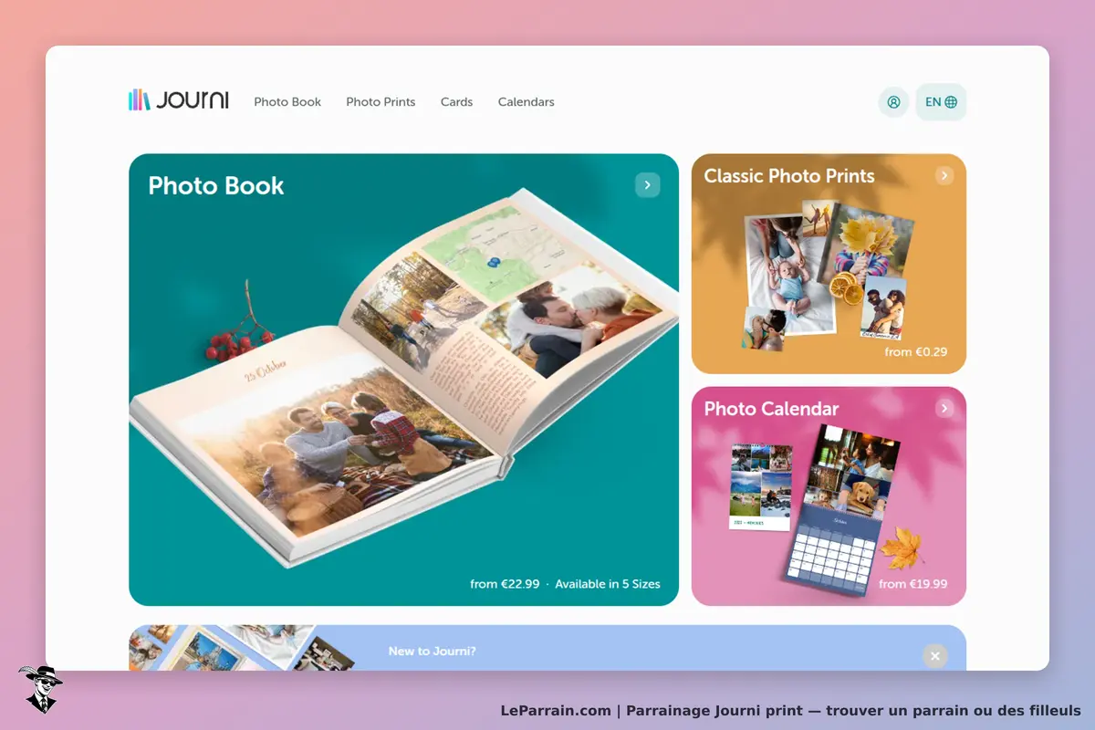 Journi print : journi : page d'accueil présentant un livre photo ouvert et des produits photo en