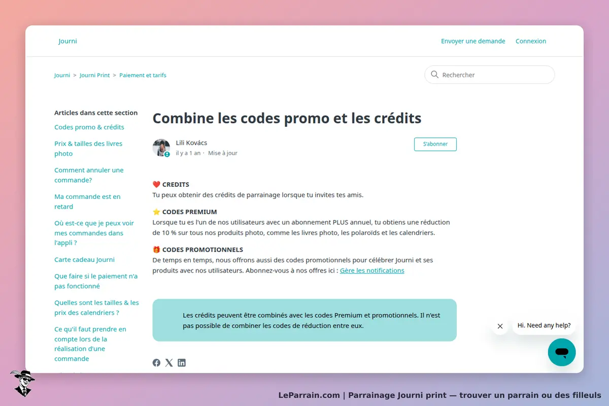 Journi print : page d'aide sur les codes promo et crédits avec sections explicatives