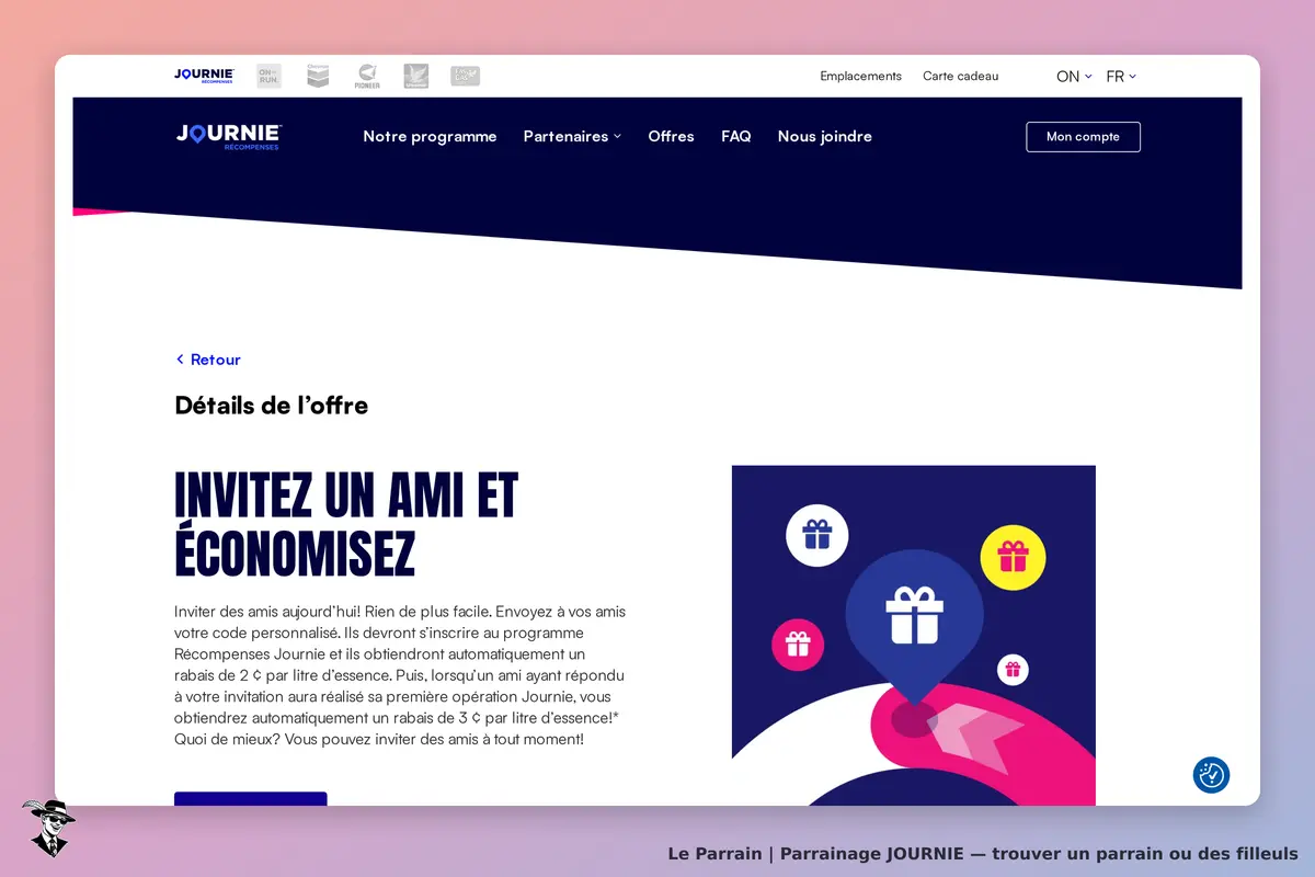 JOURNIE : détails de l'offre avec un texte sur l'invitation d'amis et des icônes de cadeaux