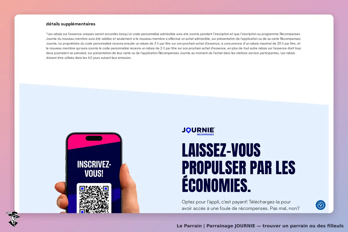 JOURNIE : écran présentant un smartphone avec un QR code et un message d'inscription