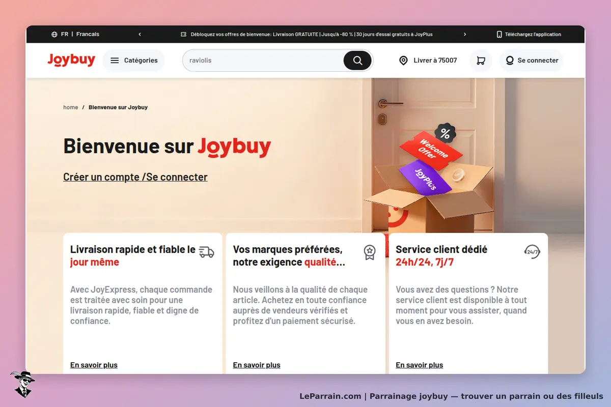 Joybuy : page d'accueil avec options de connexion et informations sur la livraison et le service