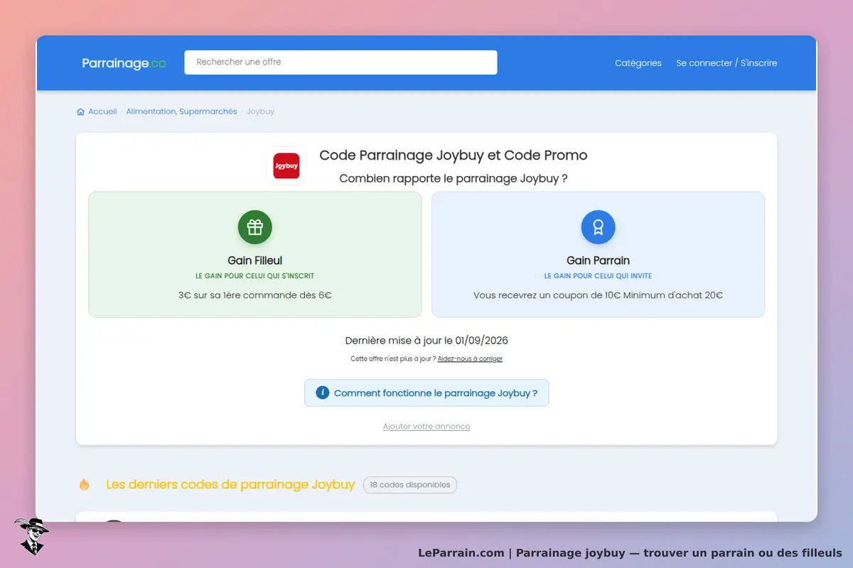 Parrainage.co : page sur le parrainage Joybuy avec gains pour filleul et parrain