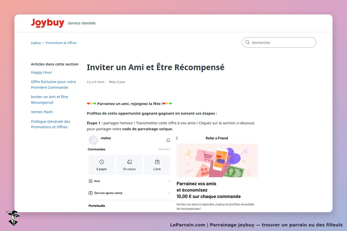 Joybuy : page d'accueil avec section sur le parrainage et étapes à suivre pour inviter un ami