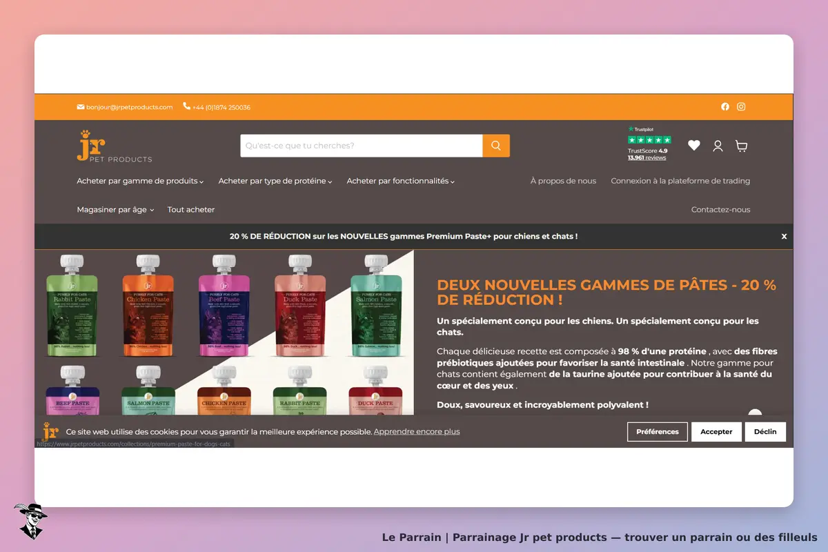 JR Pet Products : page d'accueil avec des tubes de pâté pour chiens et chats affichés