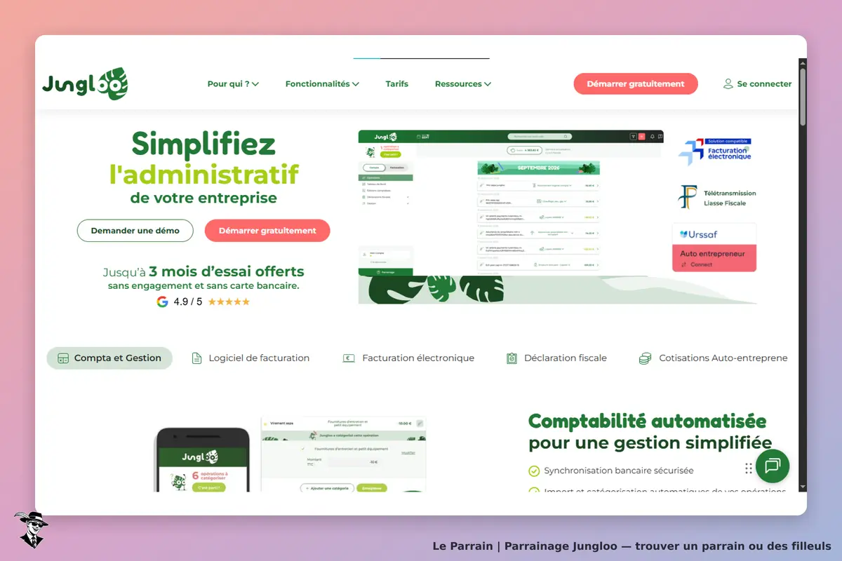 Jungloo : page d'accueil présentant des services de gestion administrative et un logiciel