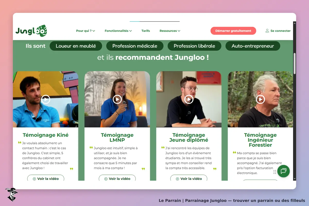 Jungloo : page d'accueil avec témoignages vidéo de différents utilisateurs du service
