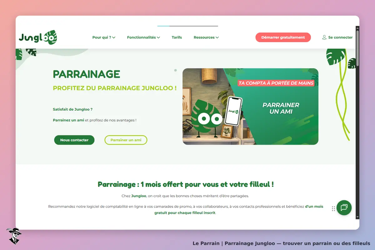 Jungloo : page d'accueil avec section sur le parrainage et illustration d'un personnage