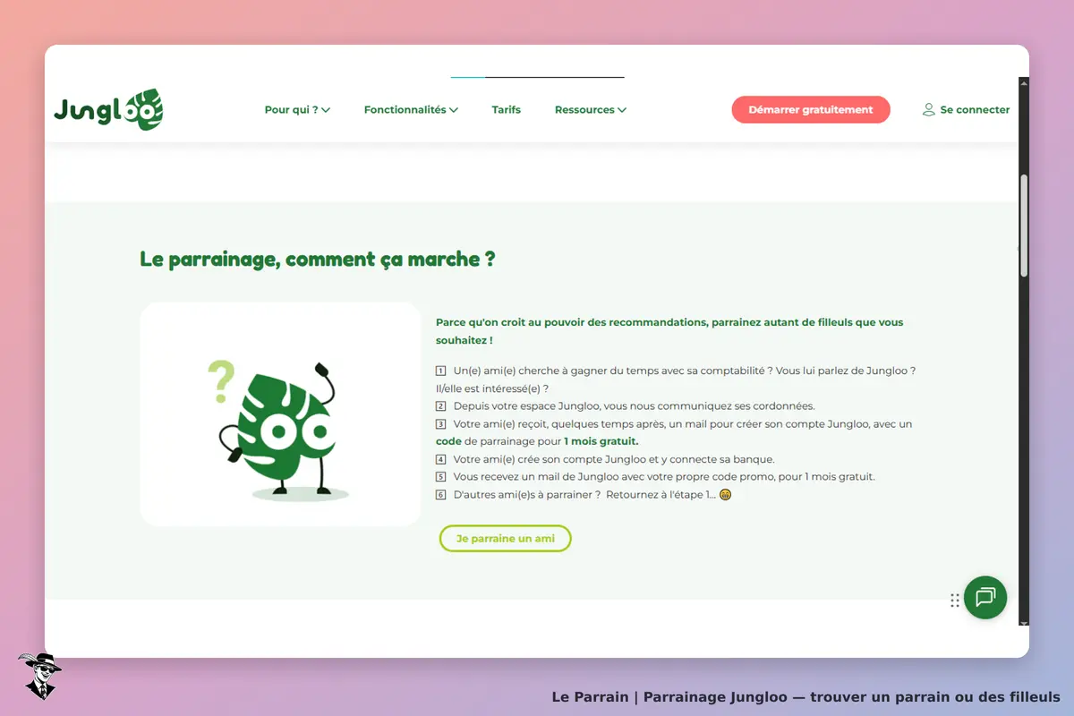 Jungloo : page d'accueil expliquant le fonctionnement du parrainage avec un personnage illustré