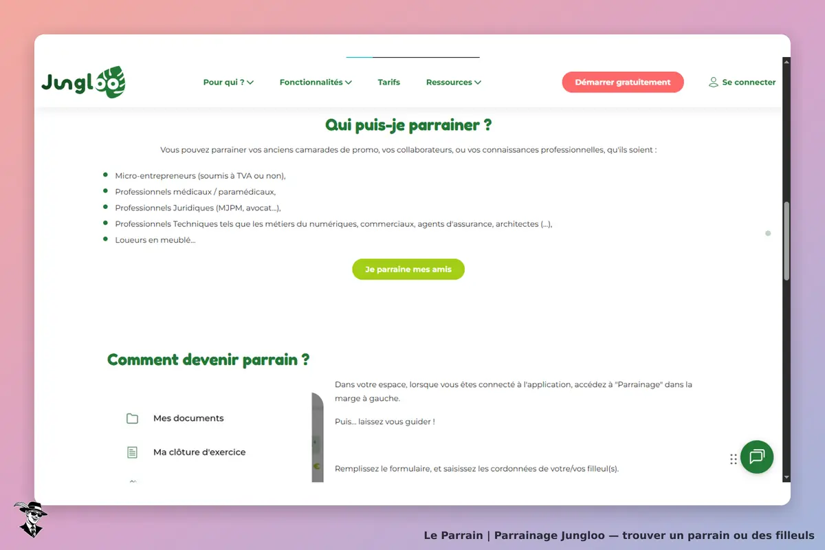 Jungloo : page d'accueil présentant les options de parrainage et un bouton pour parrainer