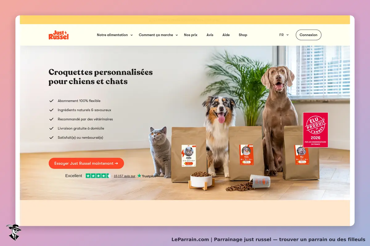 Just Russel : page d'accueil avec chiens et chat, croquettes et éléments de navigation visible
