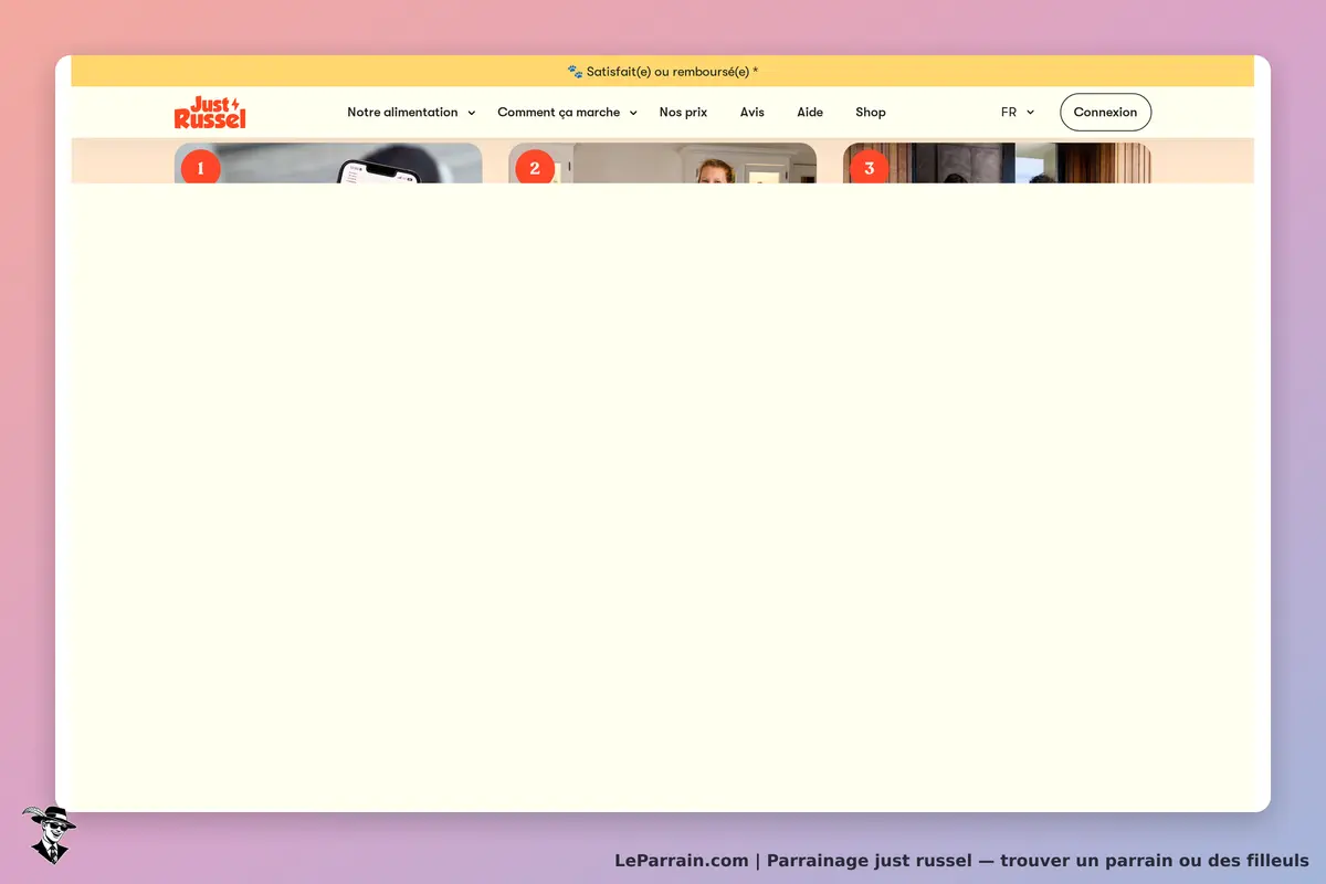 Just Russel : page d'accueil avec menu et sections d'information sur les produits