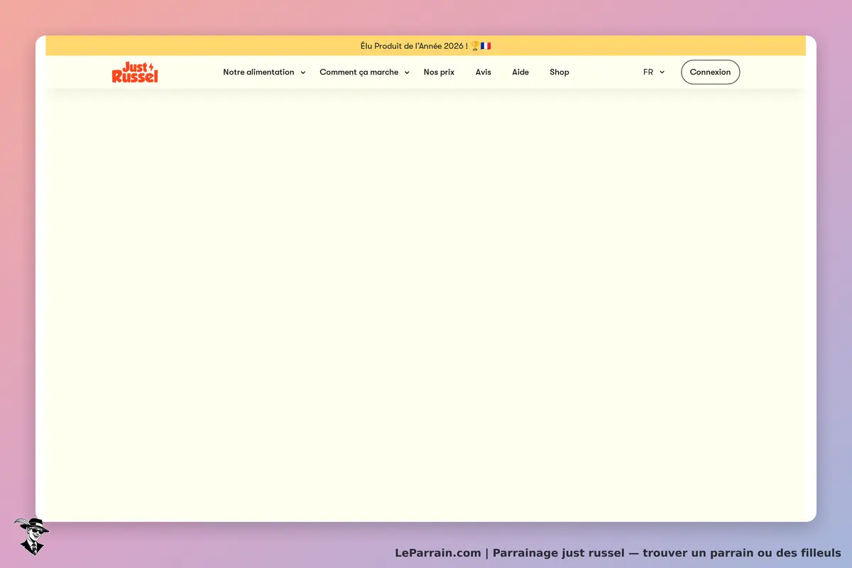 Just Russel : page d'accueil avec menu et espace de connexion, fond clair et dégradé