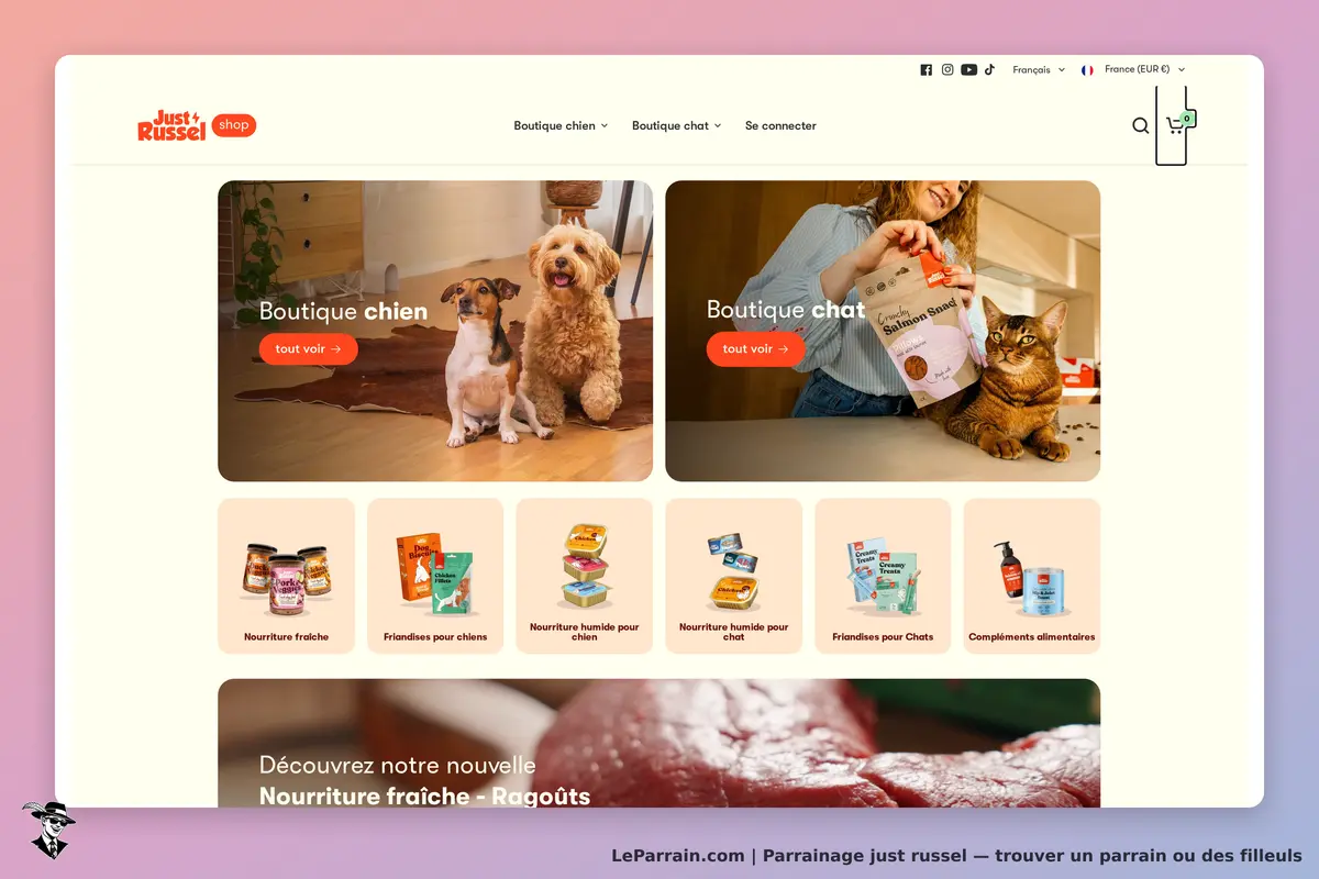 Just Russel : page d'accueil avec sections pour chiens et chats, produits et animaux visibles