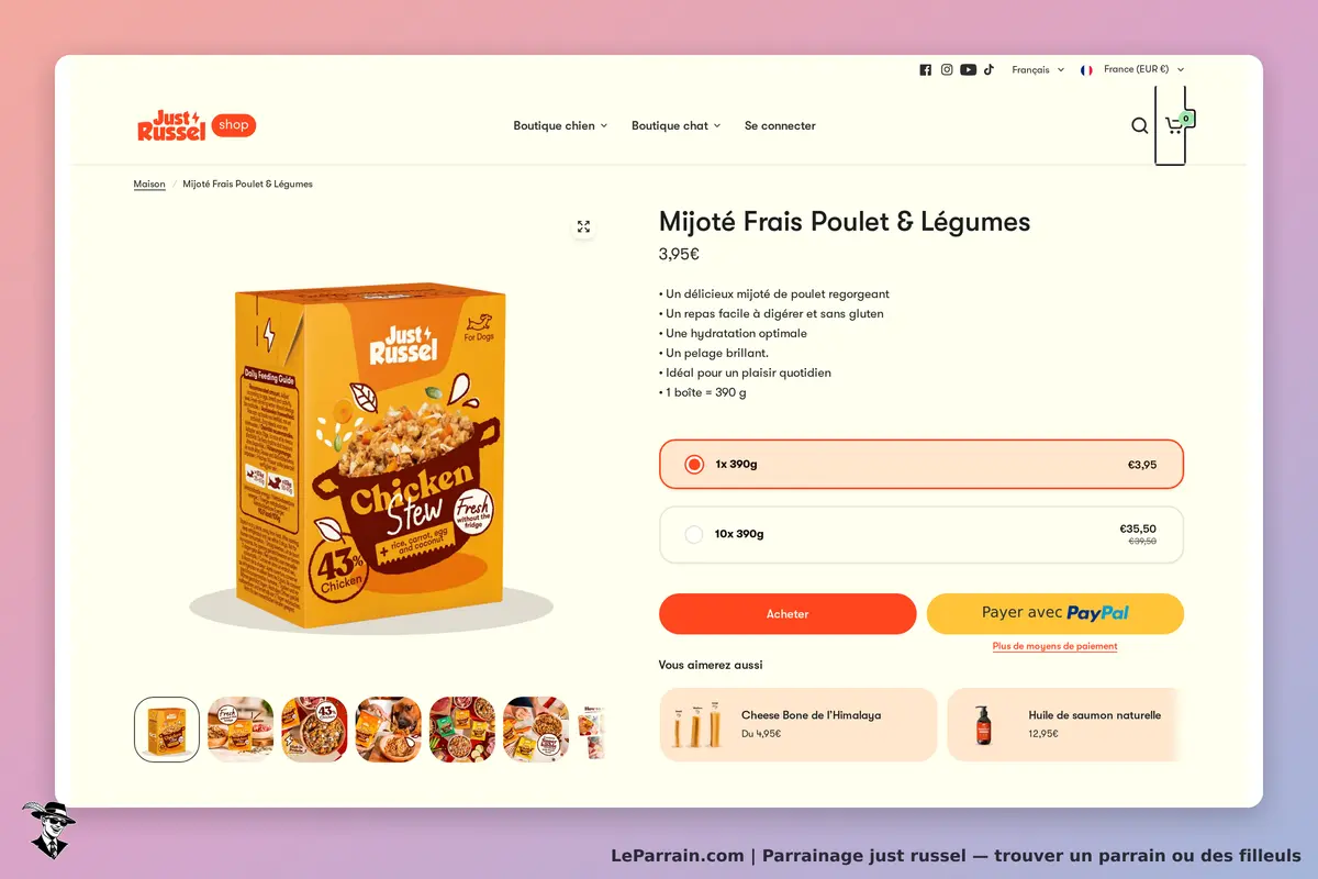 Just Russel : produit "Mijoté Frais Poulet & Légumes" avec description et options d'achat