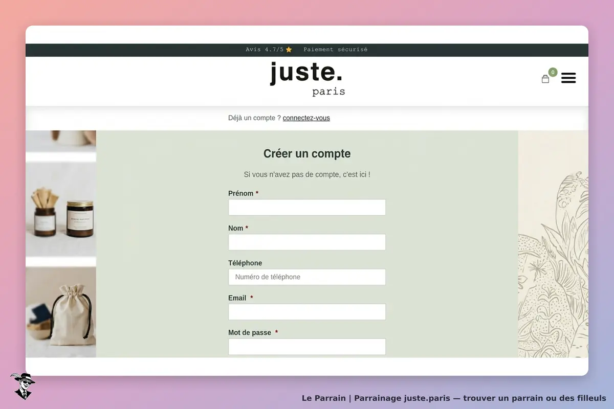 juste.paris : formulaire pour créer un compte avec champs pour prénom, nom, téléphone, email, mot