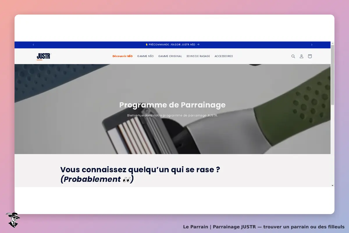 JUSTR : page d'accueil avec un programme de parrainage et un rasoir en gros plan
