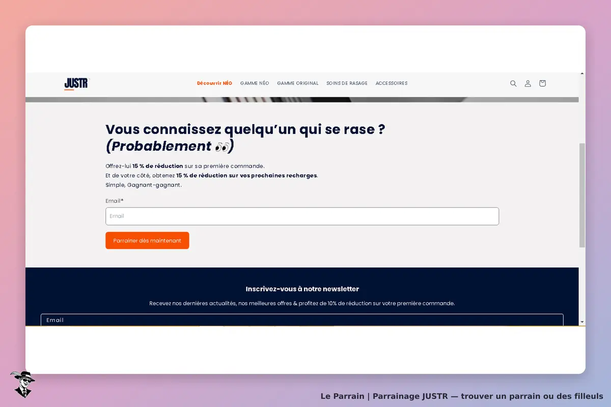 JUSTR : formulaire de parrainage avec champ email et bouton pour s'inscrire