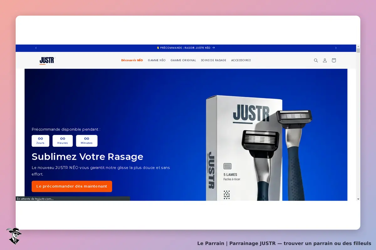 JUSTR : page d'accueil avec un rasoir et un message sur la précommande