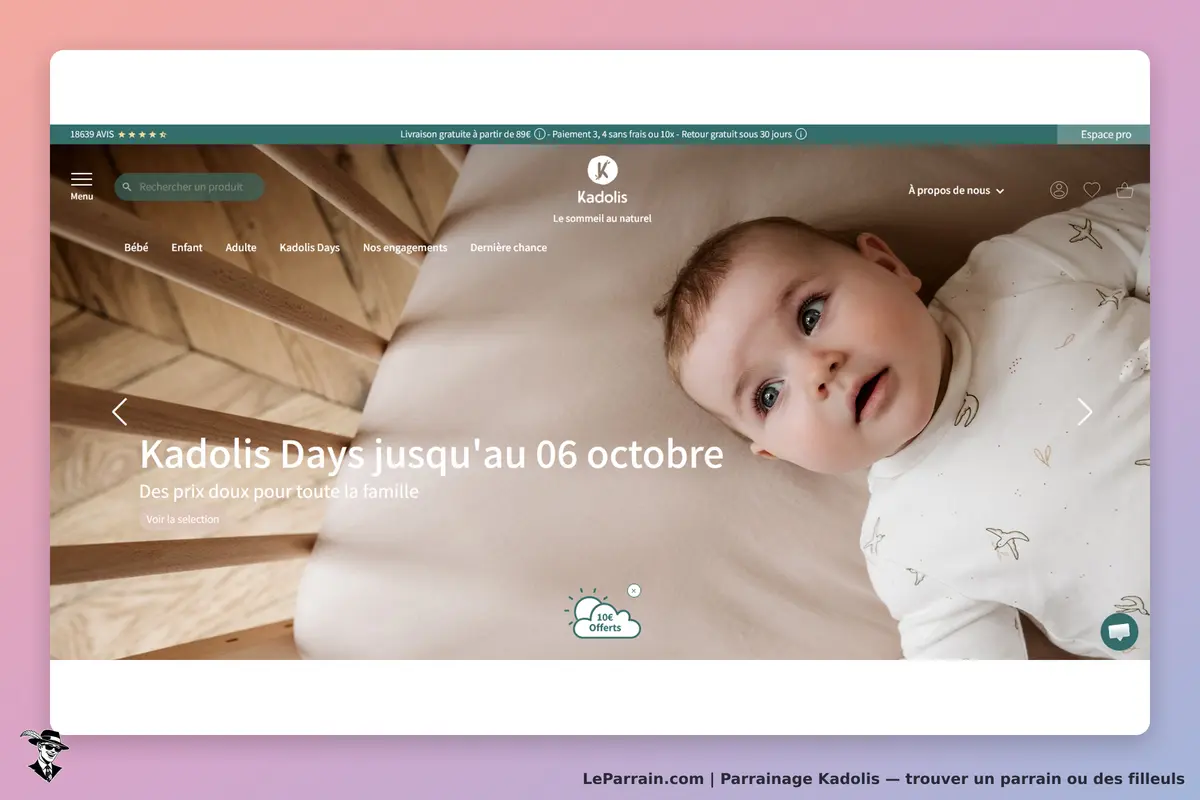 Kadolis : page d'accueil avec un bébé sur un matelas et une promotion en cours