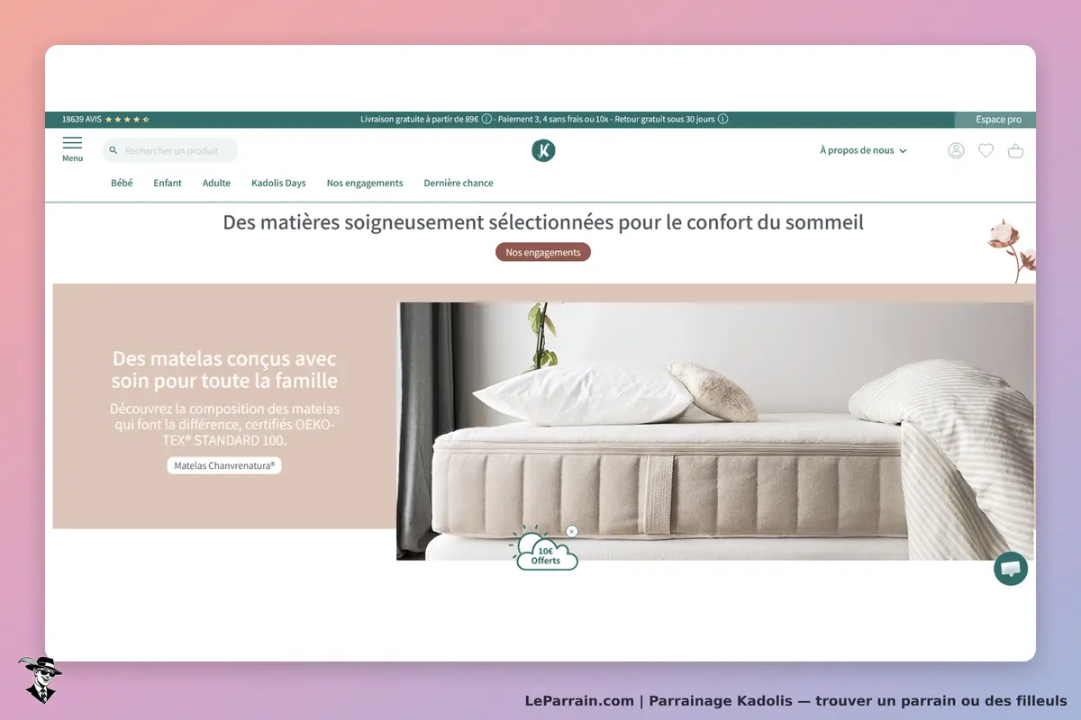 Kadolis : présentation d'un matelas avec oreiller sur fond clair et texte explicatif