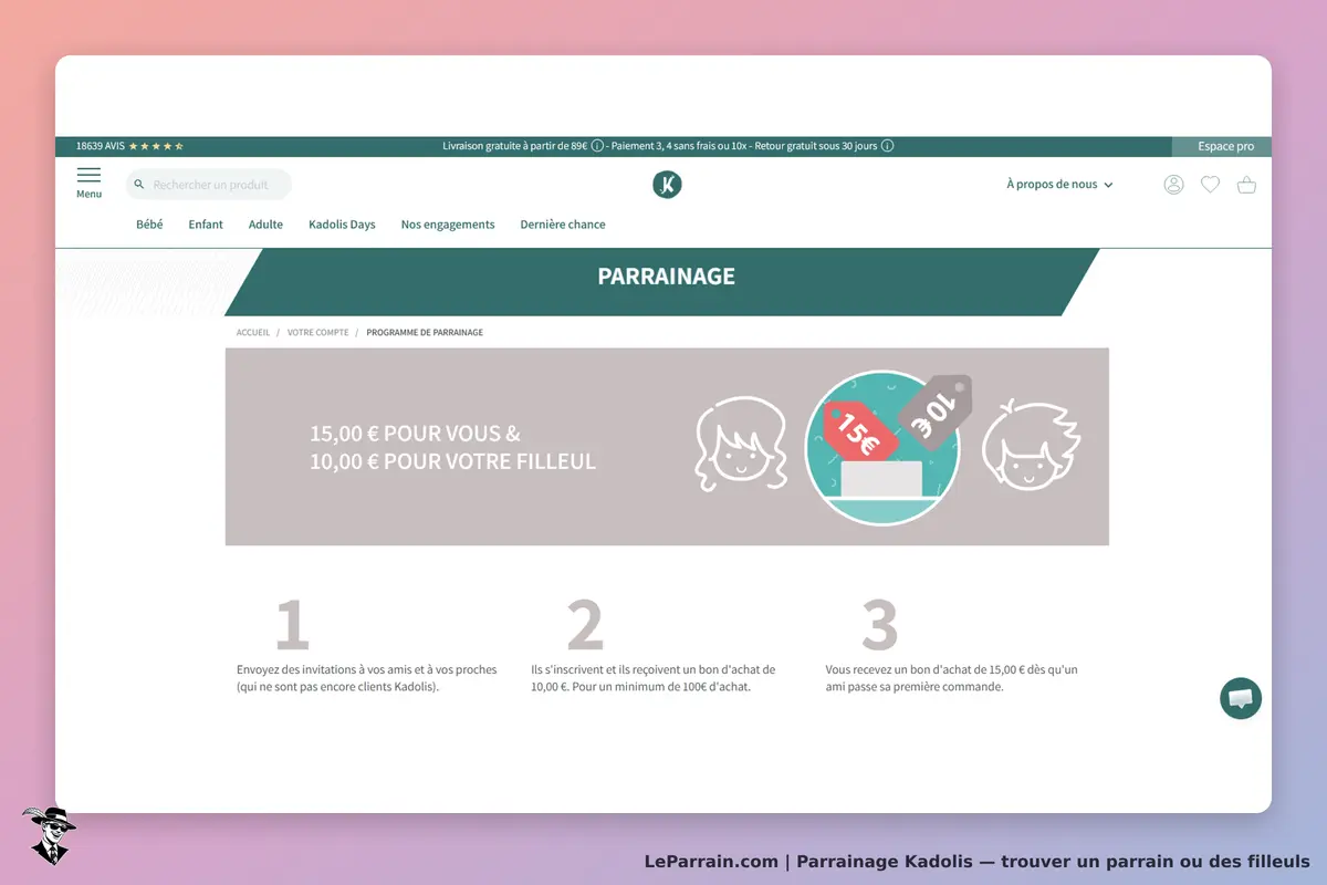 Kadolis : page d'accueil avec programme de parrainage et étapes explicatives