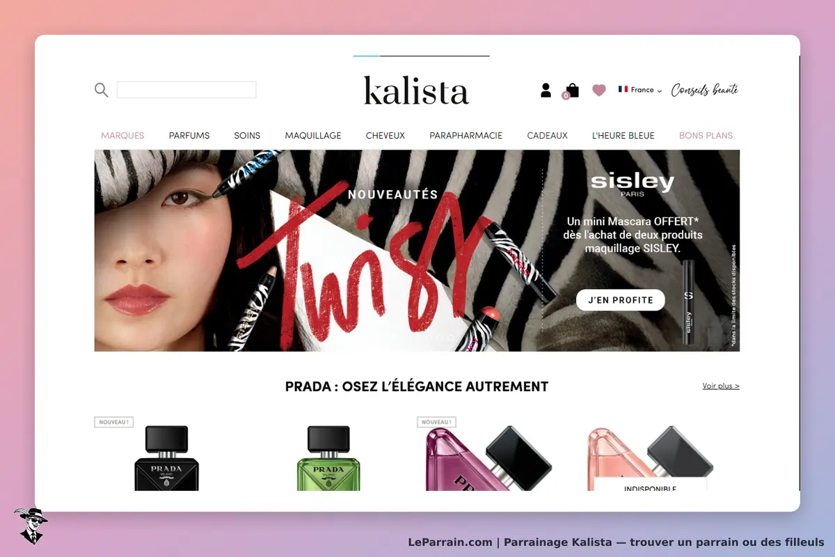 Kalista : page d'accueil avec produits de beauté et promotions, modèle féminin en arrière-plan
