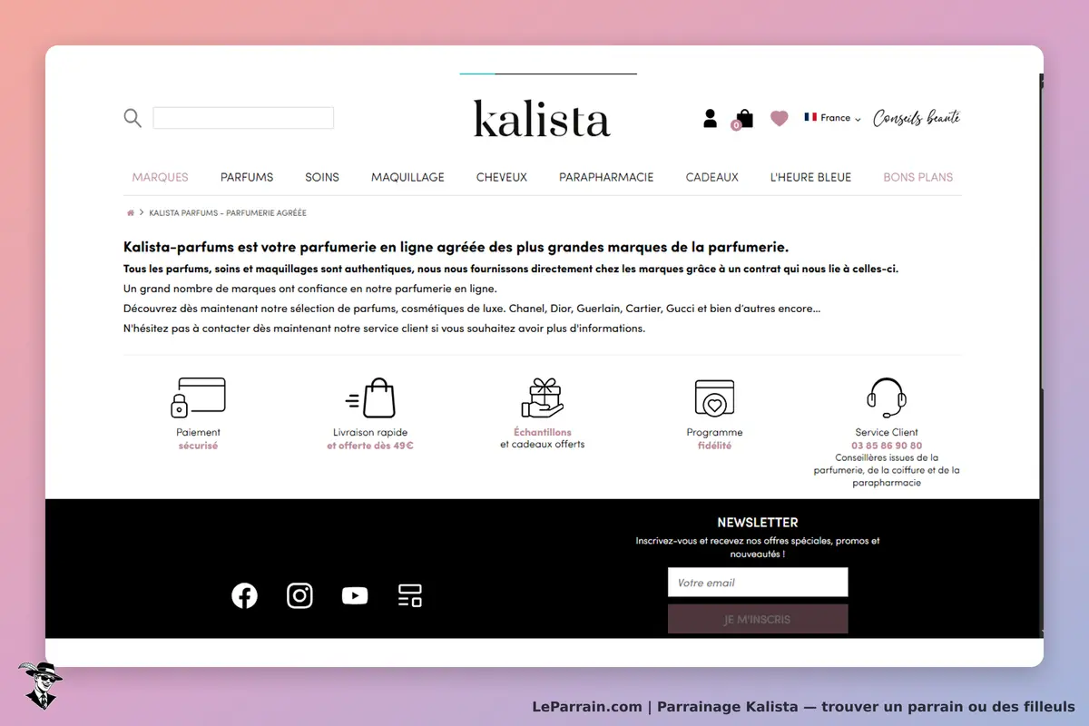 Kalista : page d'accueil avec informations sur la parfumerie et options de contact