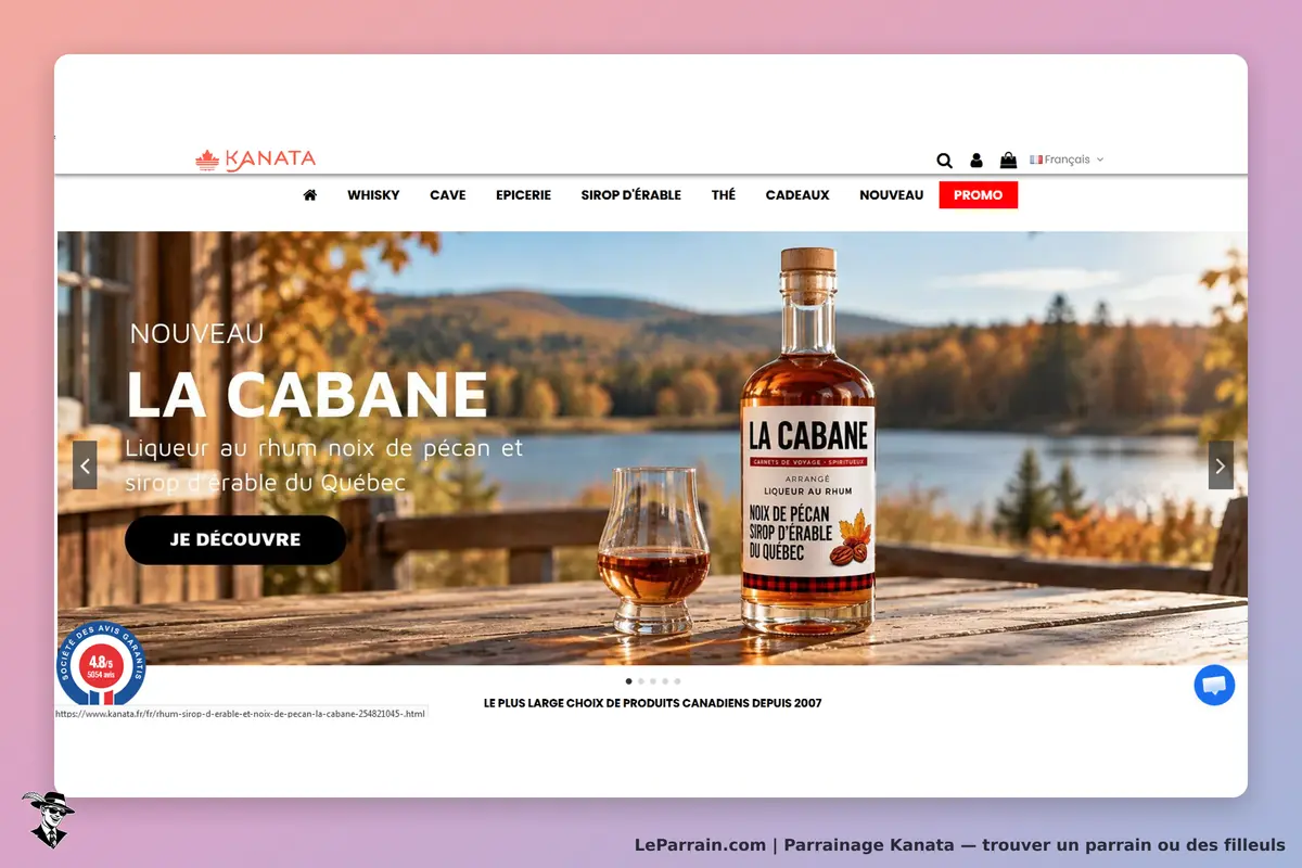 Kanata : page d'accueil présentant le liqueur "La Cabane" avec bouteille et verre sur table