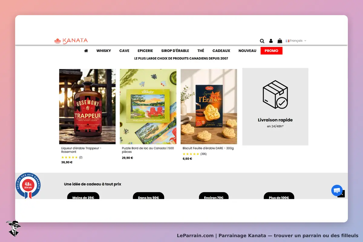 Kanata : page d'accueil avec produits canadiens, incluant liqueur, puzzle et biscuits