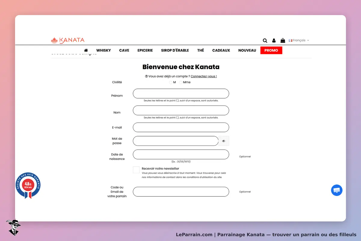 Kanata : formulaire d'inscription avec champs pour informations personnelles et option newsletter