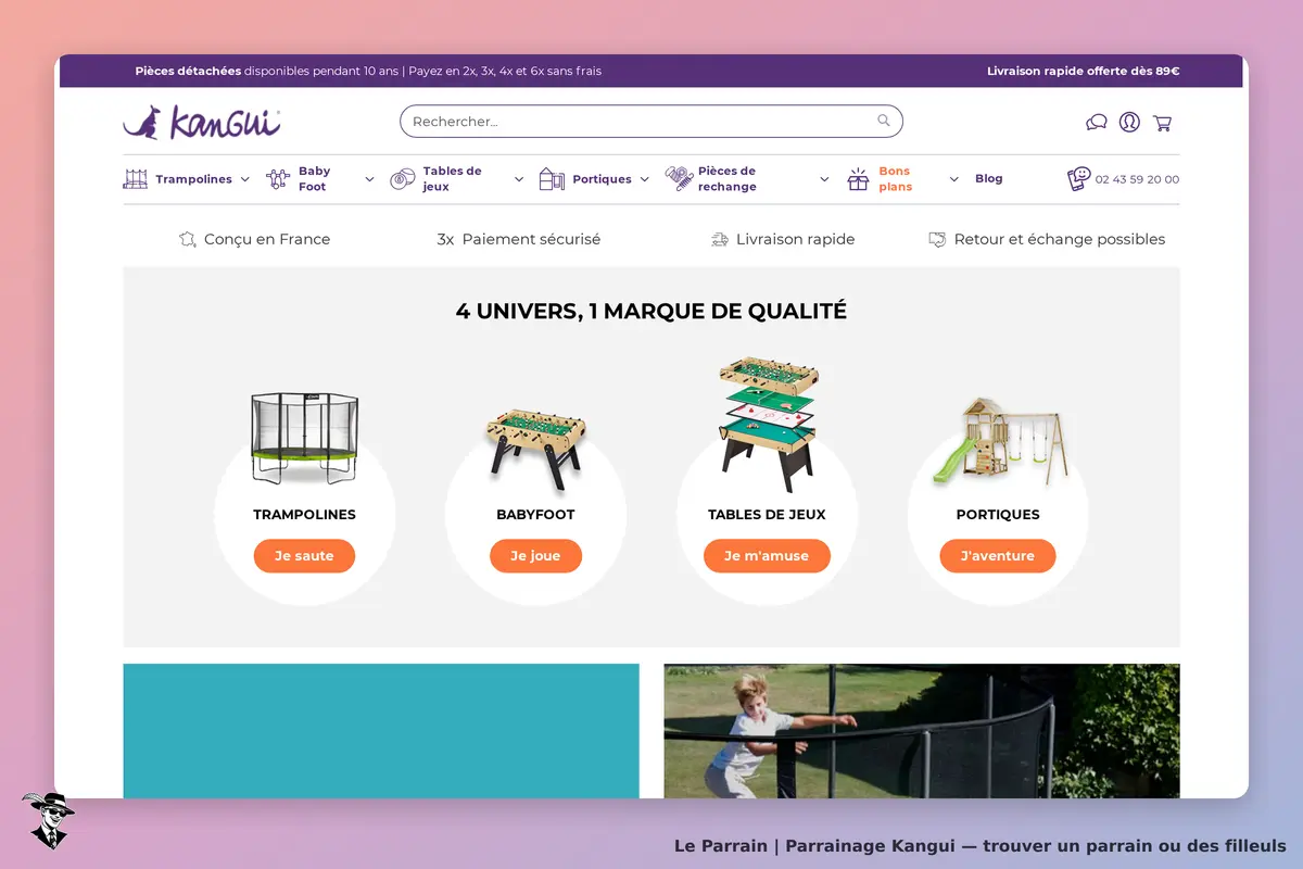 Kangui : page d'accueil affichant trampolines, babyfoot, tables de jeux et portiques