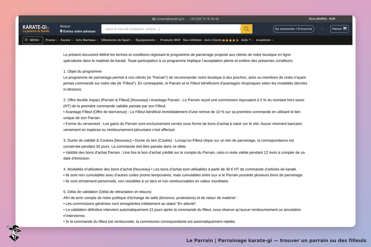 Page parrainage de karate-gi