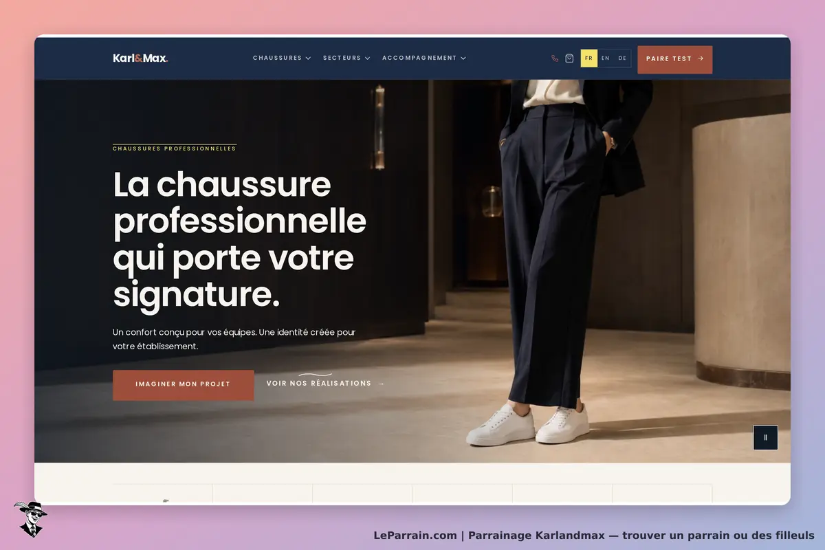 Karlandmax : page d'accueil présentant des chaussures professionnelles avec un modèle en tenue